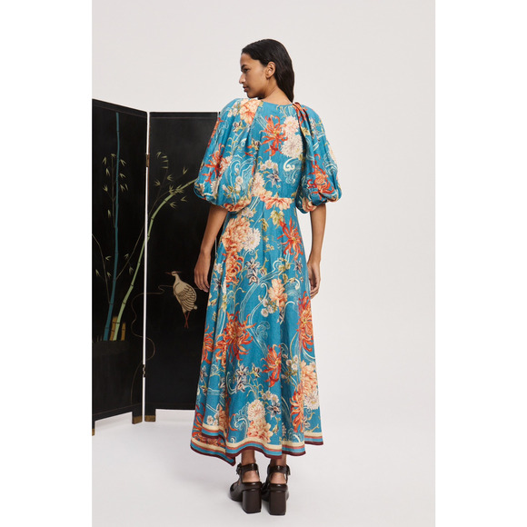 ALEMAIS fletcher puff-sleeve ramie midi dress US 6 - Picture 3 of 7